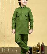 Boys cotton blend pathani kurta with salwar set - mehandi