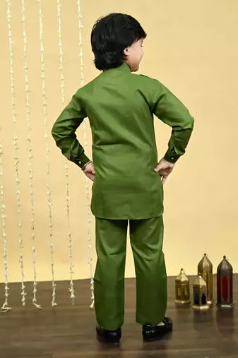 Boys cotton blend pathani kurta with salwar set - mehandi