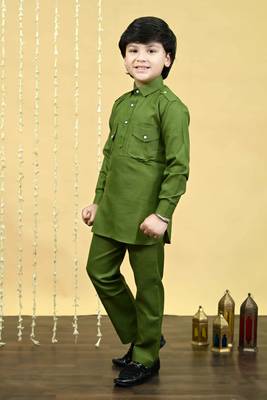 Boys cotton blend pathani kurta with salwar set - mehandi 3