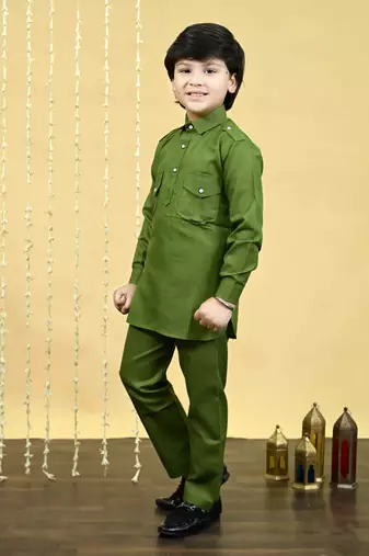 Boys cotton blend pathani kurta with salwar set - mehandi