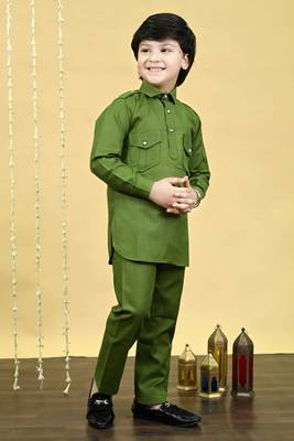 Boys cotton blend pathani kurta with salwar set - mehandi 4