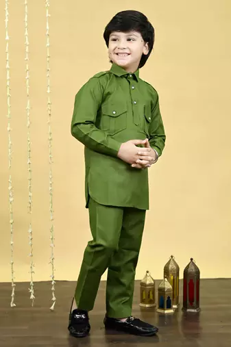 Boys cotton blend pathani kurta with salwar set - mehandi