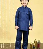 Boys cotton blend pathani kurta with salwar set - navy blue