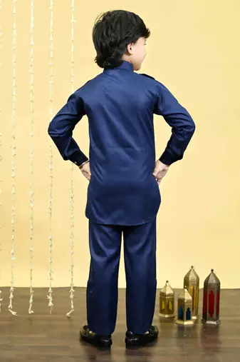 Boys cotton blend pathani kurta with salwar set - navy blue