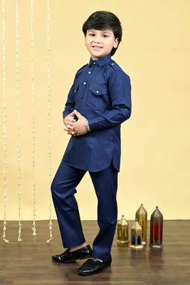 Boys cotton blend pathani kurta with salwar set - navy blue 3