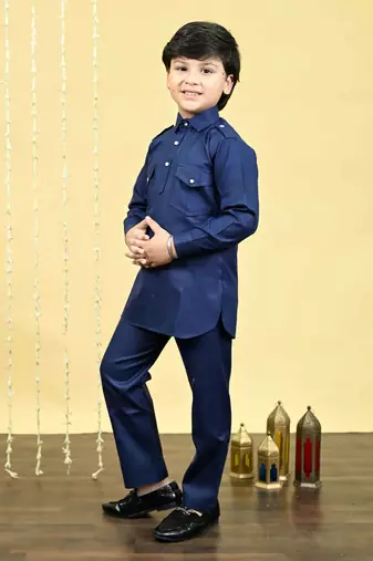 Boys cotton blend pathani kurta with salwar set - navy blue
