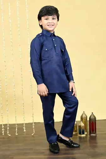 Boys cotton blend pathani kurta with salwar set - navy blue