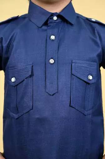 Boys cotton blend pathani kurta with salwar set - navy blue