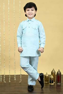 Boys cotton blend pathani kurta with salwar set - sky blue 1