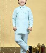 Boys cotton blend pathani kurta with salwar set - sky blue