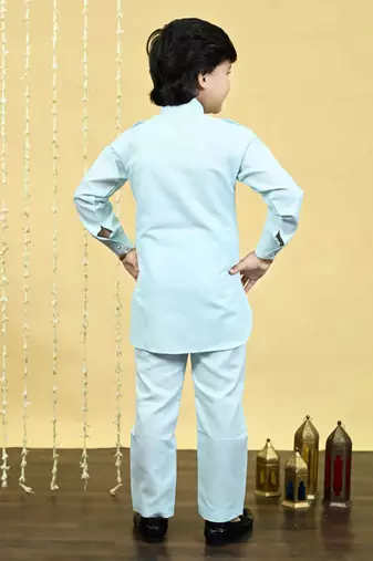 Boys cotton blend pathani kurta with salwar set - sky blue