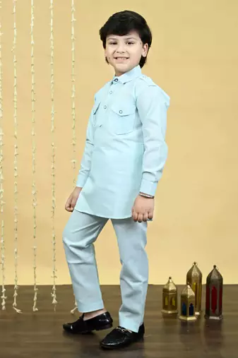 Boys cotton blend pathani kurta with salwar set - sky blue