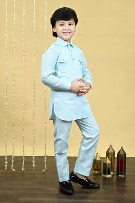 Boys cotton blend pathani kurta with salwar set - sky blue 4