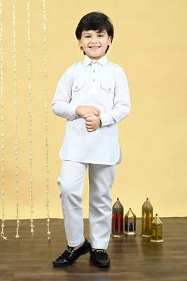 Boys cotton blend pathani kurta with salwar set - white 1