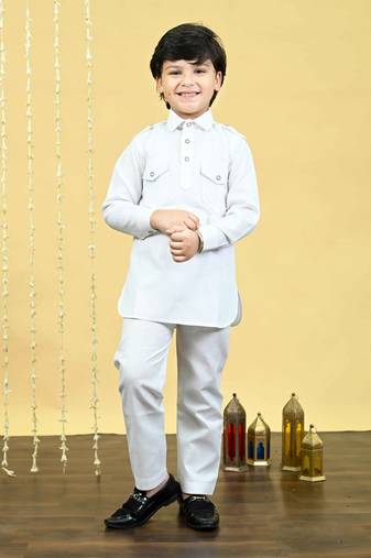 Boys cotton blend pathani kurta with salwar set - white