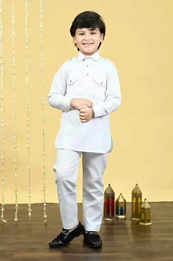 Boys cotton blend pathani kurta with salwar set - white