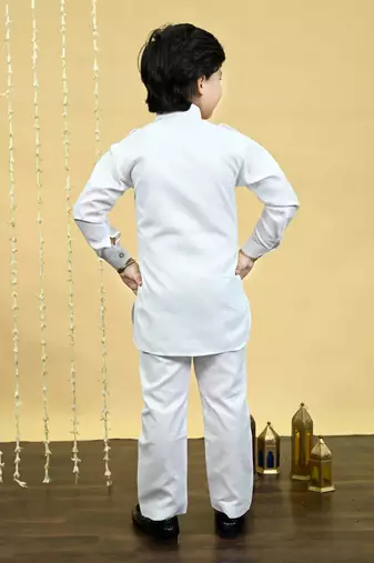 Boys cotton blend pathani kurta with salwar set - white