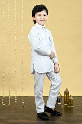 Boys cotton blend pathani kurta with salwar set - white 3