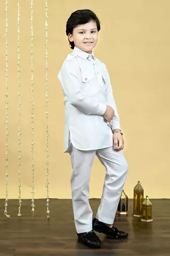 Boys cotton blend pathani kurta with salwar set - white