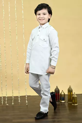 Boys cotton blend pathani kurta with salwar set - white