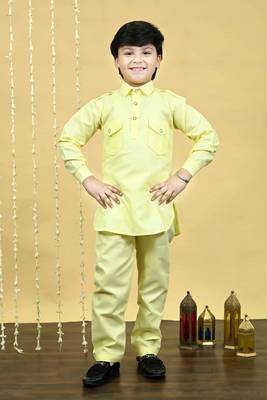 Boys cotton blend pathani kurta with salwar set - yellow 1