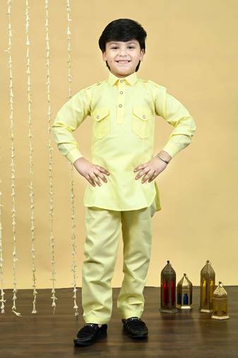 Boys cotton blend pathani kurta with salwar set - yellow