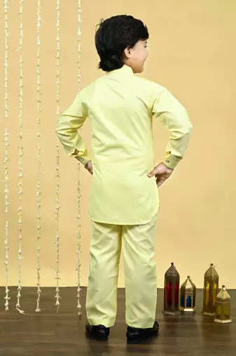 Boys cotton blend pathani kurta with salwar set - yellow