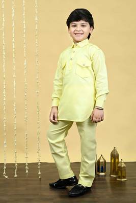 Boys cotton blend pathani kurta with salwar set - yellow 3