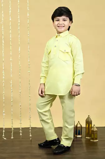 Boys cotton blend pathani kurta with salwar set - yellow