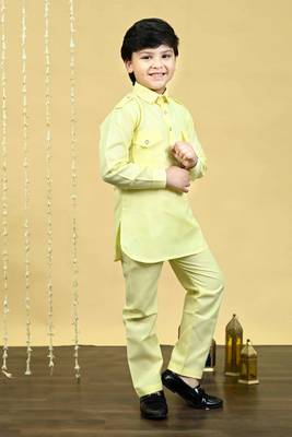 Boys cotton blend pathani kurta with salwar set - yellow 4