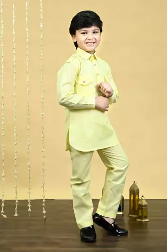 Boys cotton blend pathani kurta with salwar set - yellow