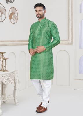 Green jecquard with digital printed kurta payjama for mens wear 1