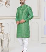 Green jecquard with digital printed kurta payjama for mens wear