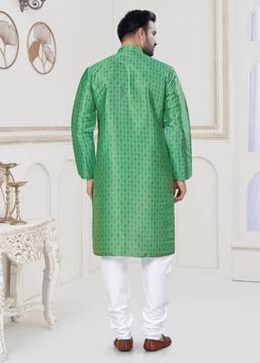 Green jecquard with digital printed kurta payjama for mens wear 2
