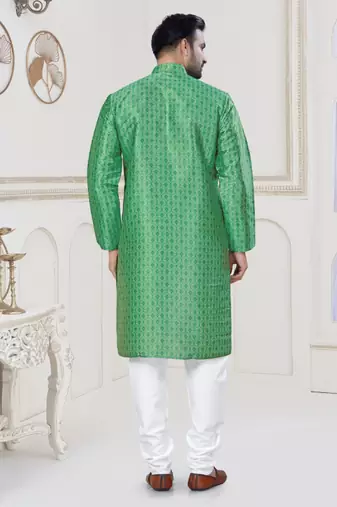 Green jecquard with digital printed kurta payjama for mens wear