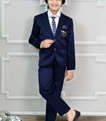 Boys satin 4-piece coat suit set with shirt, pants, and tie - navy blue