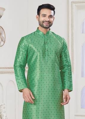 Green jecquard with digital printed kurta payjama for mens wear 3