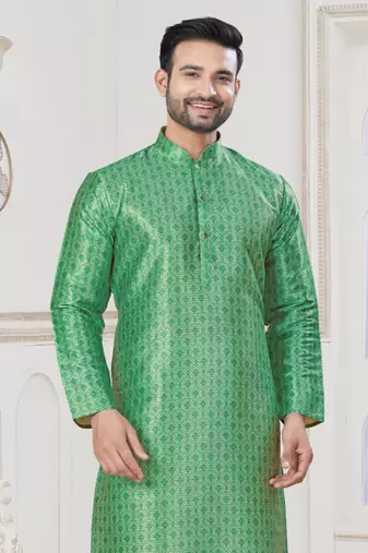 Green jecquard with digital printed kurta payjama for mens wear