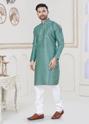 Sky blue jecquard with digital printed kurta payjama for mens wear 1