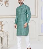 Sky blue jecquard with digital printed kurta payjama for mens wear