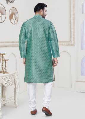 Sky blue jecquard with digital printed kurta payjama for mens wear 2
