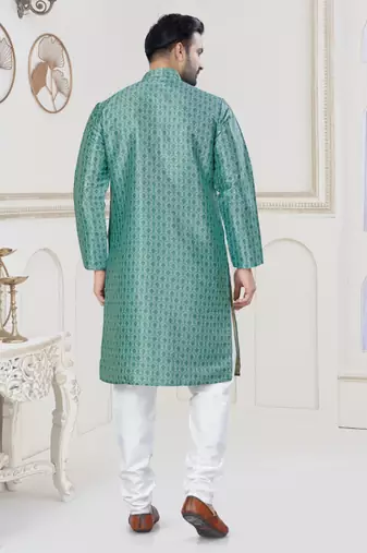 Sky blue jecquard with digital printed kurta payjama for mens wear