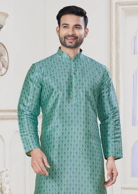 Sky blue jecquard with digital printed kurta payjama for mens wear 3