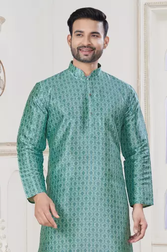 Sky blue jecquard with digital printed kurta payjama for mens wear