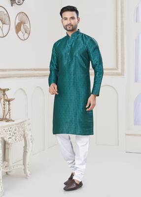 Green jecquard with digital printed kurta payjama for mens wear 1
