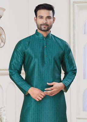Green jecquard with digital printed kurta payjama for mens wear 3
