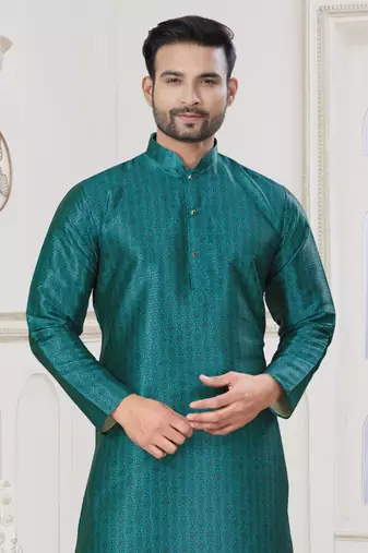 Green jecquard with digital printed kurta payjama for mens wear