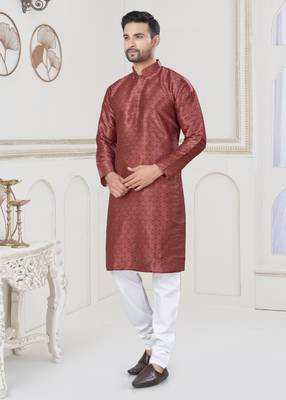Maroon jecquard with digital printed kurta payjama for mens wear 1