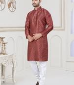 Maroon jecquard with digital printed kurta payjama for mens wear