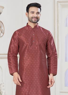 Maroon jecquard with digital printed kurta payjama for mens wear 3